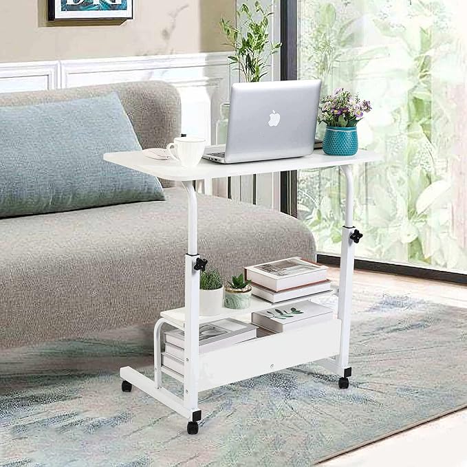 Home Office Desk Movable Bedroom Adjustable Table Modern Laptop Computer for Living Room Couch Portable Small Spaces with Wheels Storage Furniture Study 31.5 * 15.7 White