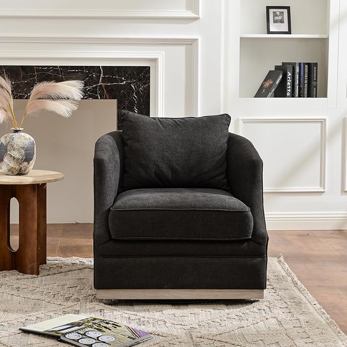 KINWELL 31 Wide Linen Fabric Swivel Barrel Chair FSC Certified Upholstered Swivel Armchair with Pillow Back for Living Room Bedroom Fully Assembled (Black)