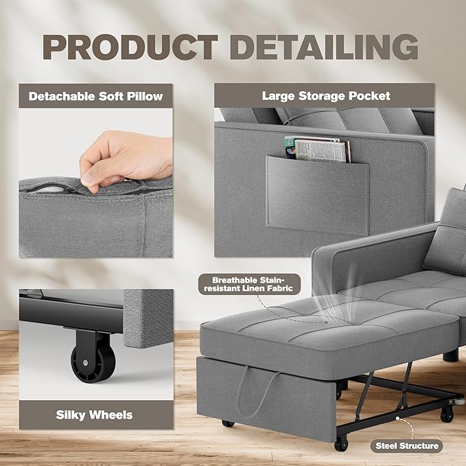 JUMMICO Sleeper Chair 3-in-1 Convertible Sleeper Sofa Bed for Adults Linen Fabric Pull Out Chair Bed with Adjustable Backrest Couches for Living Room Apartment Office Small Space (Light Gray)