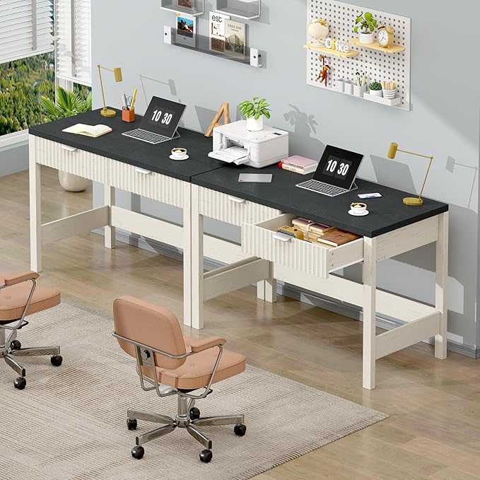 Fluted Computer Desk with 2 Drawers 39 Inch Small Computer Desk with Storage Compact Writing Study Desk for Small Spaces Black and White