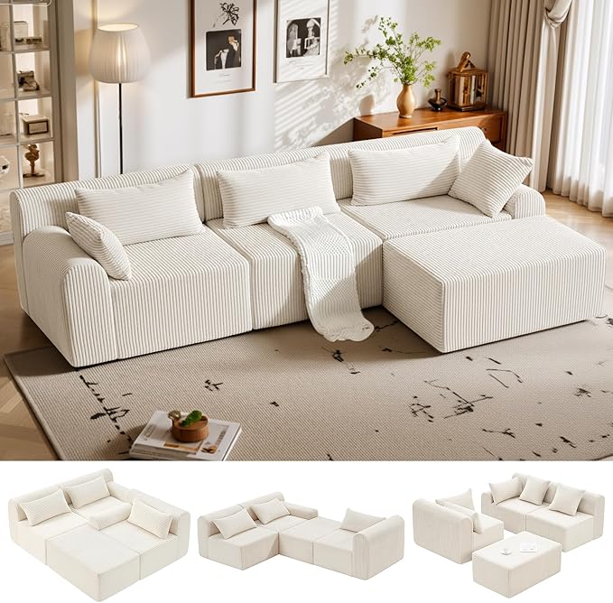 116 Boneless Couch Sectional Couches for Living RoomCloud Modular Sectional Sofa with Ottoman L-Shaped Modern Sofa with Deep Seat &amp High-Back DesignCorduroy 4-Seater Chaise Couch with 5 Pillows