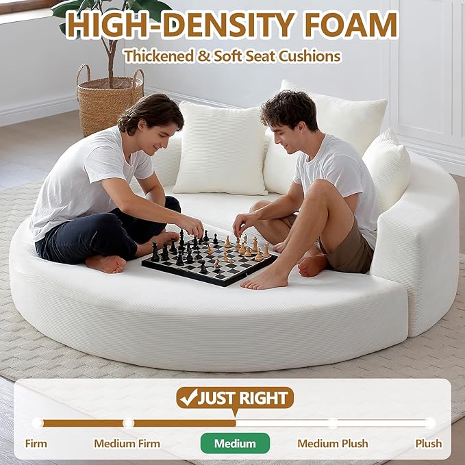67'' Circular Convertible Compressed Sofa Bed White Corduroy Floor Lounge Round Boneless Couch Loveseat Sleeper Sofa Couch with 3 Cushions No Assembly for Apartment Bedroom