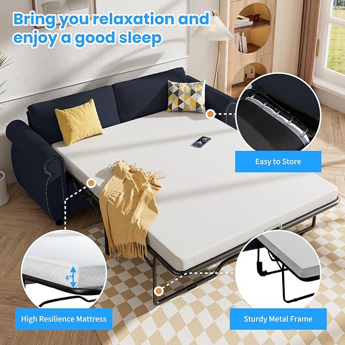 CECER Queen Size Pull Out Sofa Bed 2 in 1 Sleeper Sofa Convertible Couch Bed with Foldable Mattress Pull Out Couch Bed with Upholstered Nailhead for Living Room Apartment-Grey