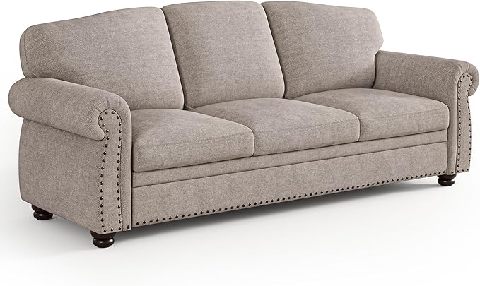 ONBRILL 90 Inch Rolled Arm Sofa for Living Room Deep Seat Nailhead Trim Couch Comfy 3 Seater Chenille Couch w/Wooden Leg Springs Seat Cushion Large Traditional Sofa for Farmhouse Beige