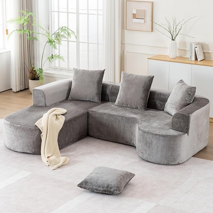 100“ Curved Sectional Couches for Living Room L Shaped Sectional Couch with Deep Seat &amp 3 Pillows Compression Sofa in a Box &amp Cream Couch with Wide Armrest No Assembly Required (Grey)