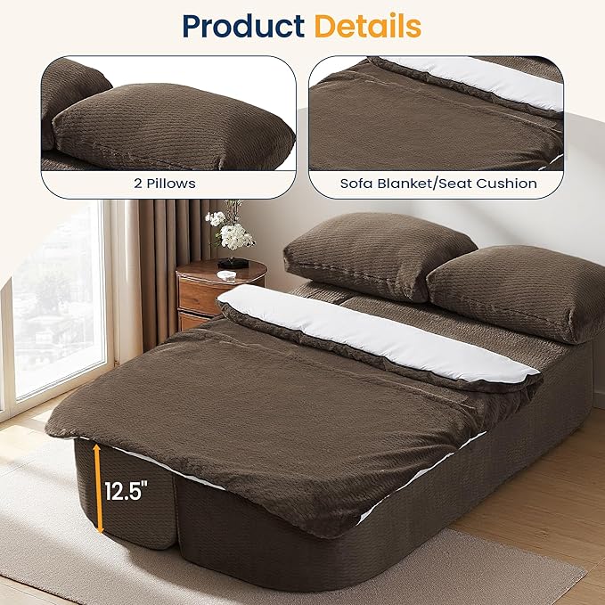 74.8 Inch Convertible Sleeper Sofa Bed Compressed Loveseat Sofa Folding Floor Mattress with Pillows and Blanket Small Couches for Living Room Bedroom Lounge No Assembly Required (Dark Brown)