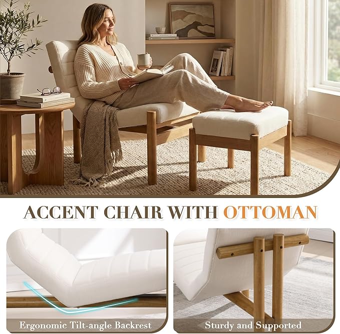 Upholstered Linen Accent Chair and Ottoman Set Modern Living Room Chair with Reclining Backrest and Footstool Small Reading Chairs for Living Room Bedroom Beige