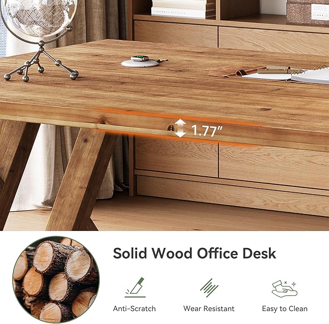 63 Solid Wood Executive Desk for Home Office Farmhouse Wooden Large Office Computer Desk Writing Study Table Business Workstation with X Shaped Legs Rustic Brown