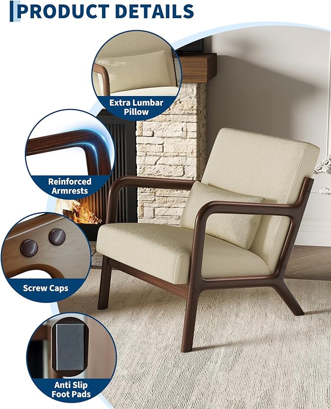 Garvee Mid-Century Modern Accent Chair Fine Wale Corduroy Upholstery Solid Wood Armchair with Removable Lumbar Pillow Sturdy Reading Chair for Living Room Bedroom Guest Room Easy Assembly Beige