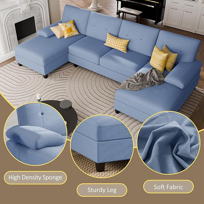 JY QAQA Sectional Couche with Soft Cushion U-Shaped Sofa with Double Chaise 4-Seat Linen Fabric Sofa Sets for Living Room Apartment Blue