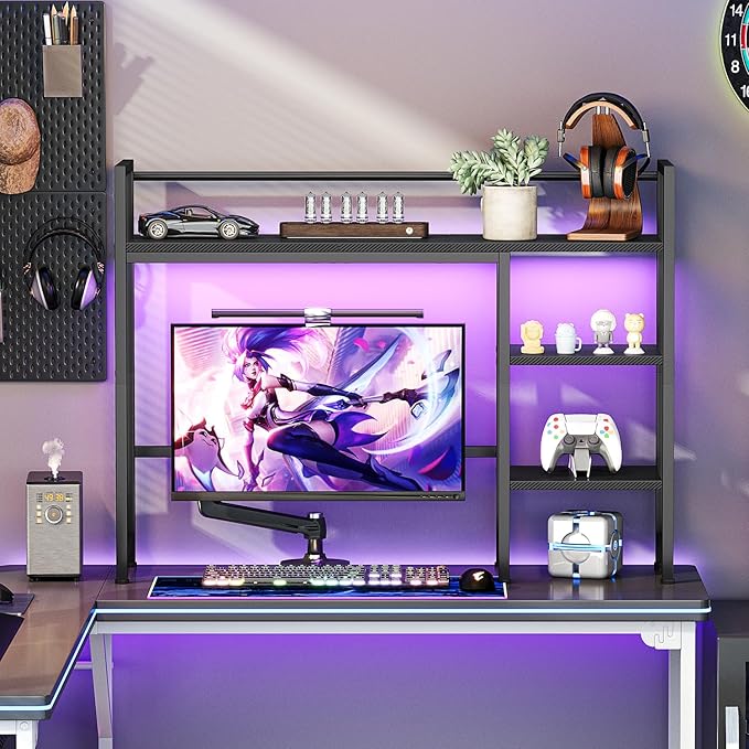 Snughome Desk Shelf with LED Strip 38.6 Desktop Organizer Shelf Desk Hutch for Computer Monitor 4 Tier Desk Display Rack Wood Desktop Bookshelf Storage Rack for Home Office Dorm