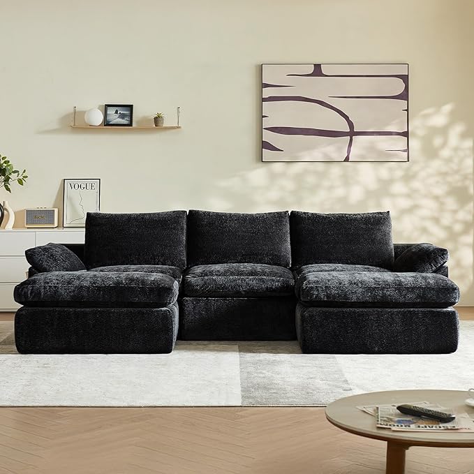 Vamcheer U Shaped Cloud Couch - Utra Soft Modular Sectional Sofa with 2 Movable Ottoman Deep Seat Boneless Couches for Living Room Bedroom Office No Assembly Required Black