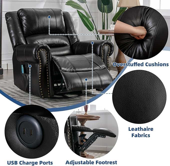 Swivel Rocker Recliner Chair with Heat and Vibration 360° Swivel Glider Rocker Manual Reclining Chair Massage Rocking Recliners with Side Pockets &amp USB Ports for Living Room Black