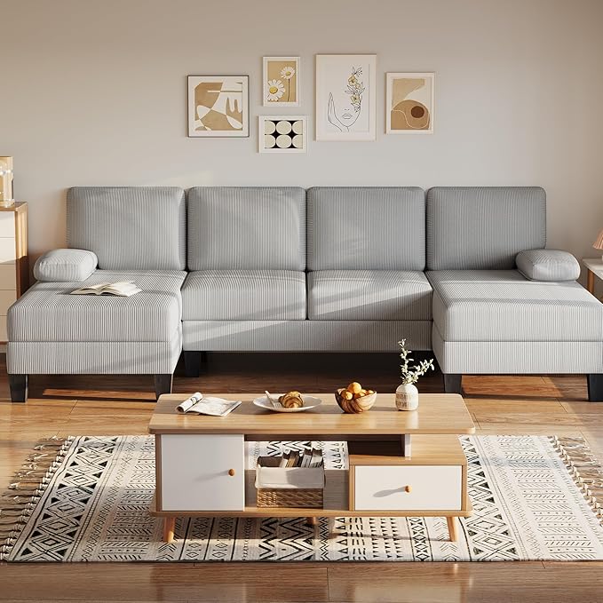 Bezseller 107.3 Sectional Couches for Living Room U Shaped Modular Sofa Couch with Cushion &amp Corduroy Fabric 4-Seat Comfy Furniture Sets with Double Chaise for Apartment Reception Room Grey