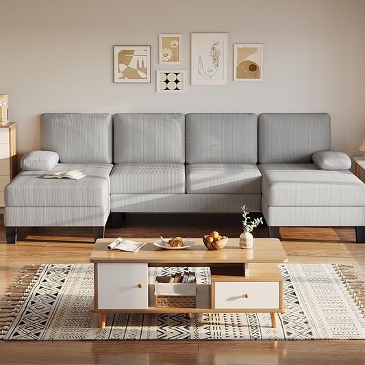 Bezseller 107.3 Sectional Couches for Living Room U Shaped Modular Sofa Couch with Cushion &amp Corduroy Fabric 4-Seat Comfy Furniture Sets with Double Chaise for Apartment Reception Room Grey