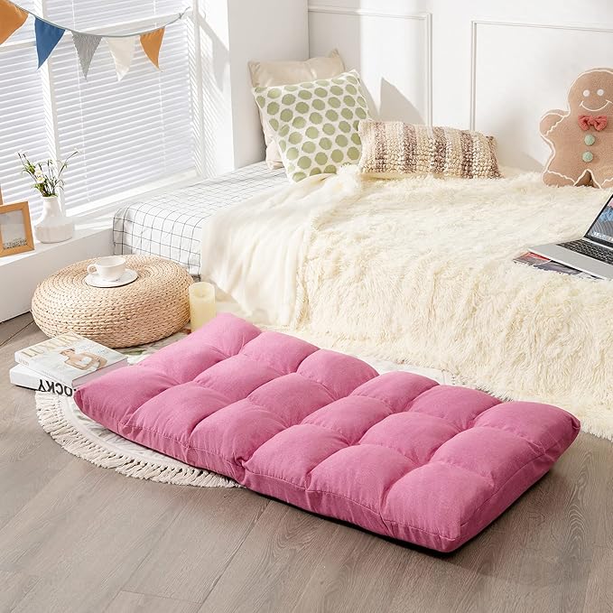 Giantex Adjustable Floor Gaming Sofa Chair 14-Position Cushioned Folding Lazy Recliner High Resilience Sponge Breathable Cotton &amp Linen Fabric Sleeper Bed Couch Recliner with Removable Cover (Pin