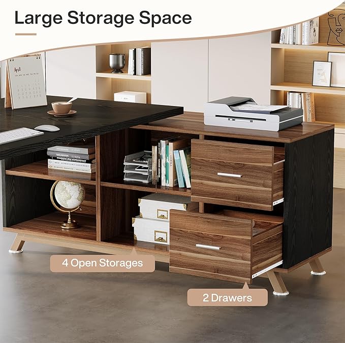 Tribesigns 78.7 L-Shaped Executive Desk Modern Office Desk with File Drawers &amp Storage Shelves Large Computer Desk with 55-Inch Cabinet Business Workstation for Home Office Black &amp Walnut