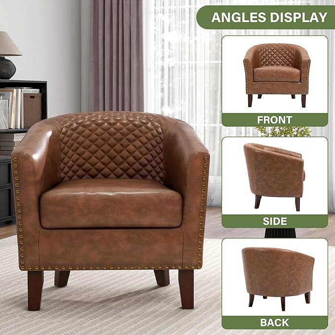 UIXE Faux Leather Barrel Accent Chairs Set of 4 Modern Club Upholstered Arm Chair Comfy Armchair Nailed Trim Living Room Single Sofa Reading Seat Bedroom Side Sitting for Office Brown