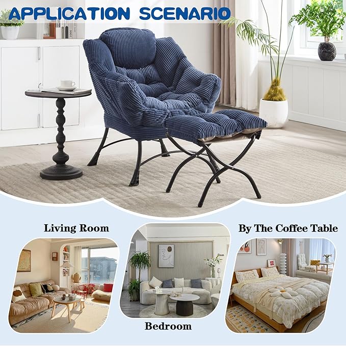 Lazy Chair with Ottoman &amp Storage Pocket Reading Chair for Bedroom Living Room Small Space Comfy Lounge Chairs Steel Frame Oversized Ergonomic Corduroy (Navy Blue)