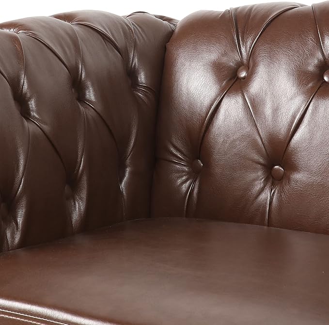 RARZOE Modern 2 Pieces Living Room Sofa Set Tufted Button Faux Leather Chesterfield Three-Seater Couch and Chesterfield Loveseat with Nailhead Trim Scroll Arms for Home Furniture Dark Brown