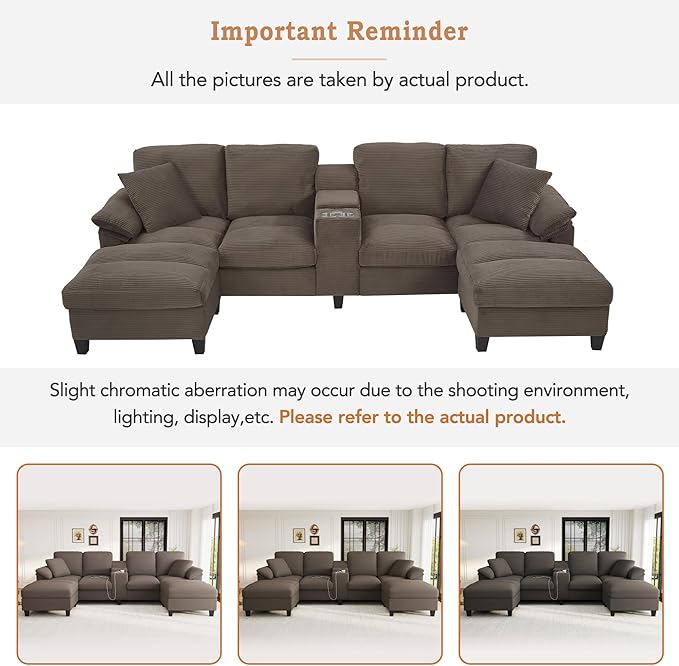Merax 116.9 Modern U-Shaped Sofa Sectional Sofa Corduroy Upholstered Sofa Couch with Storage Ottomans Cup Holders and USB Ports for Living Room Brown