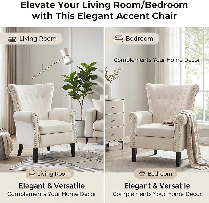 Modern Accent Chair for Living Room Comfy Upholstered Armchair for Bedroom &amp Small Spaces Mid Century Lounge Reading Chair for Office(White)