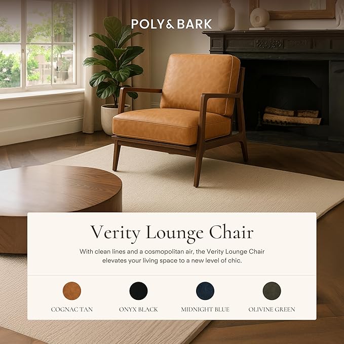 Poly &amp BARK Verity Leather Accent Chair – Armchair with Walnut Wood Frame – Fashion-Forward Lounge Seating for Living Room – Upholstered in Cognac Tan Leather for Modern Style