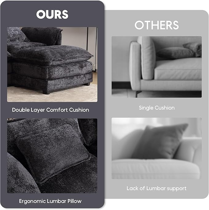 Modern 112 L Shaped Sectional Sofa Cloud CouchChenille Comfy Boucle Modular Sleeper Sofa Upholstery Sofa with Ottoman &amp Memory Foam for Living Room Black