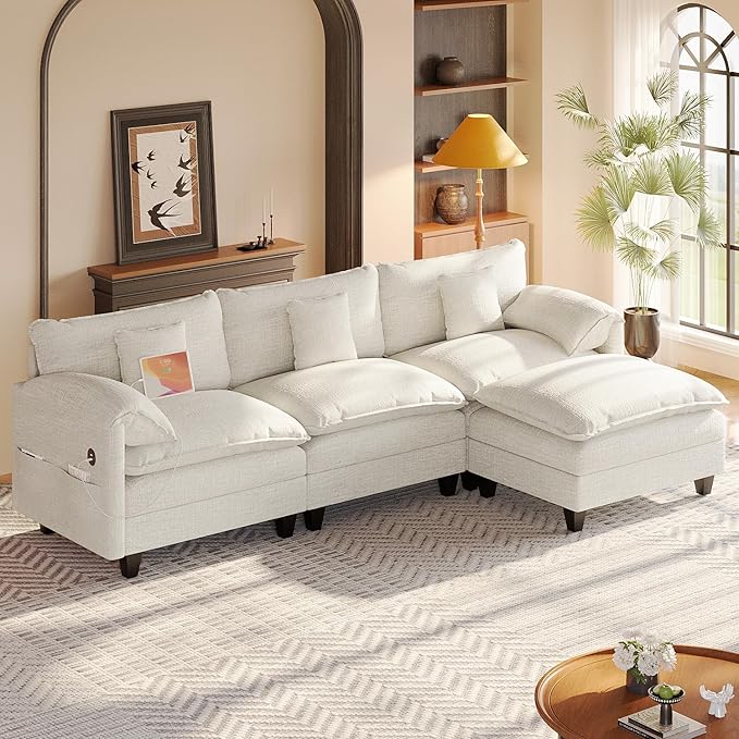 108 Modular Sectional Sofa with Movable Ottoman Plush Double-Layer Cushion Cloud Couch with USB Charging Ports &amp Side Storage Pockets Chenille L Shaped Modern Sofa Couches for Living Room Whit