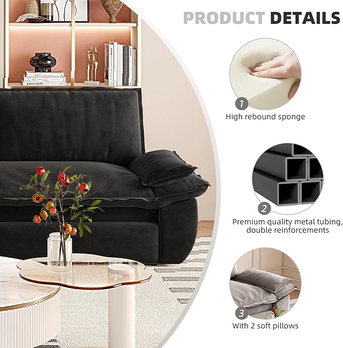 GNIXUU 73.2 Queen Pull Out Sofa Bed Velvet Convertible Sleeper Sofa Couch with 2 Soft Pillows Comfy Loveseat Bed Pull Out Couch for Living Room Apartment Small Space(Black)