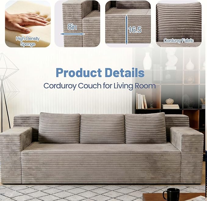 71 Boneless Couch for Living Room3 Seater Cloud Couch Corduroy Sofa in a Box with Deep Seat Frameless Memory Foam Floor Sofa with Armrests &ampThrow Pillows for ApartmentNo Assembly Required (Cam