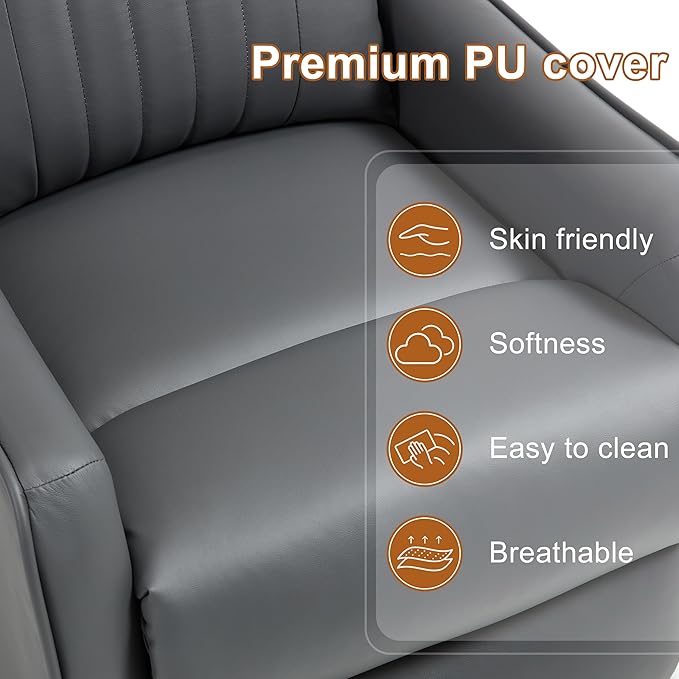 Manual Swivel Rocker Recliner Chair for Adults Overstuffed Recliner Glider with Massage and Heat Living Room Reclining Chair PU Leather Gray