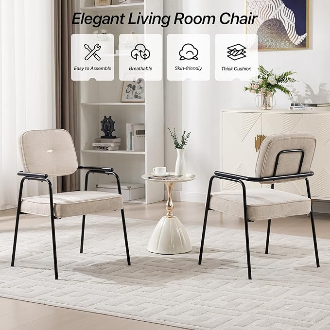 Accent Chair Dining Chair Set of 4 Chenille Upholstered Armchair Reading Side Chair Comfy Living Room Chair with Black Metal Legs for Bedroom Waiting Room Beige