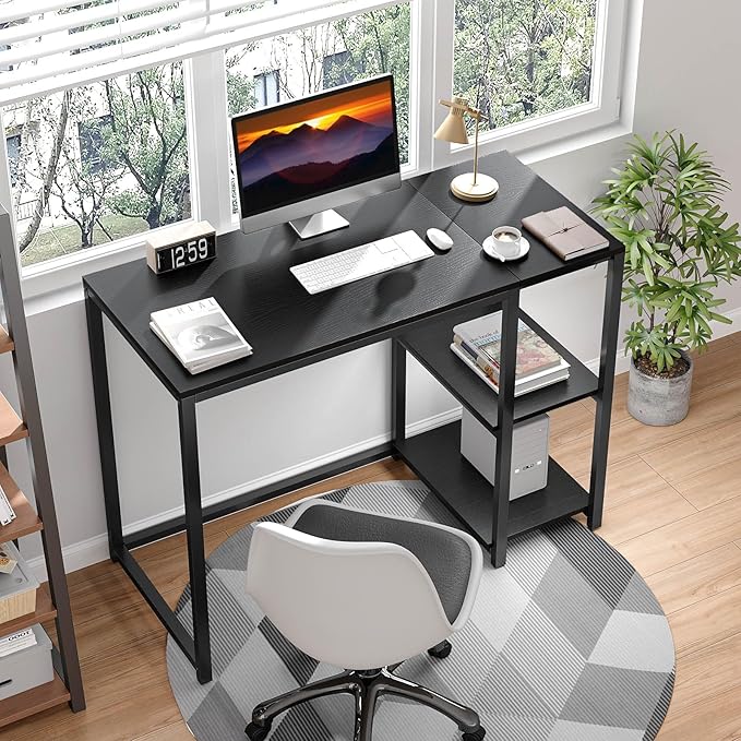 SINPAID Computer Desk 47 inches with 2-Tier Shelves Sturdy Home Office Desks with Large Storage Space Modern Gaming Desk Study Writing Laptop Table Black