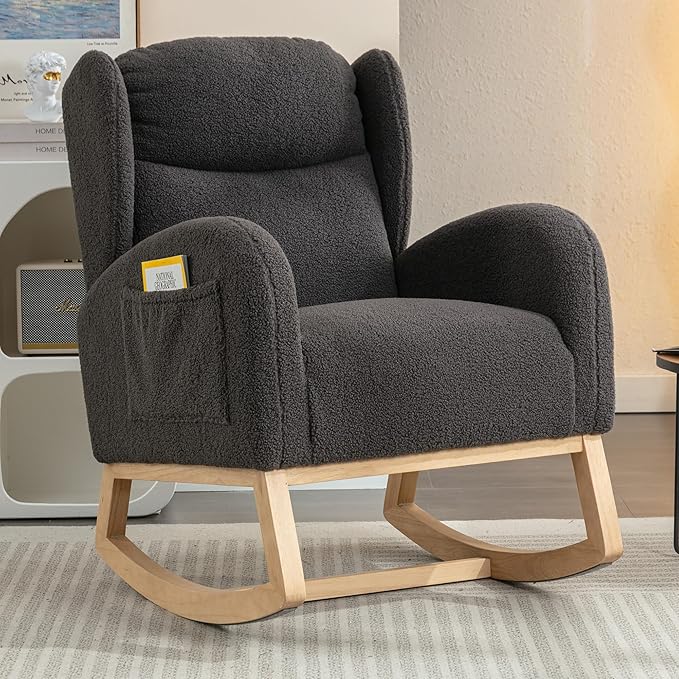 Setawix Teddy Rocking Glider Chair for NurseryUpholstered Living Room Rocker Arm ChairLeisure Sherpa Wingback ArmchairMid Century Modern Rocking Accent Chair with Side Pockets (Wingback Dark Grey)