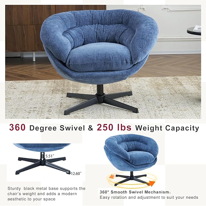 Upholstered 360° Swivel Club Chair/Accent Chair with Removable Cushion Round Office Chair with Black Metal Base Cotton Material Living Room Bedroom Reading Corner Office (Navy Blue)