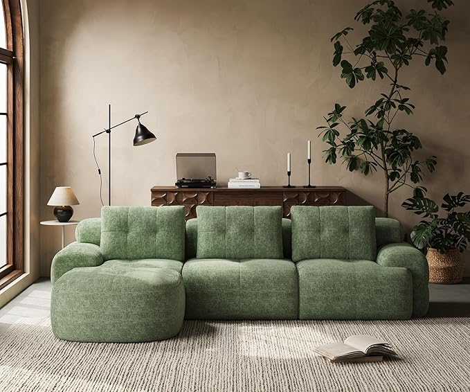 112'' Modular Sectional Sofa Couch with Chaise Full-Foam Structure Compression Packaging Design Woven Texture Upholstery Oversized Modern Sofa for Living Room – Sage Green