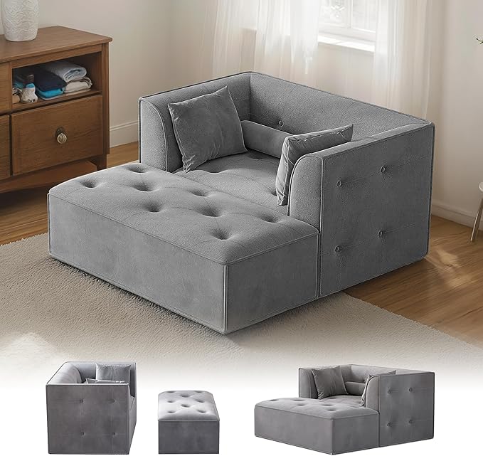 62 Chaise Lounge Chair IndoorDeep Seat Sleeper Sofa Cloud Couch with 3 Soft Pillows and OttomanComfy Cloud Seat for Living Room Apartment Office(Dark Grey Chaise Lounge+Ottoman)
