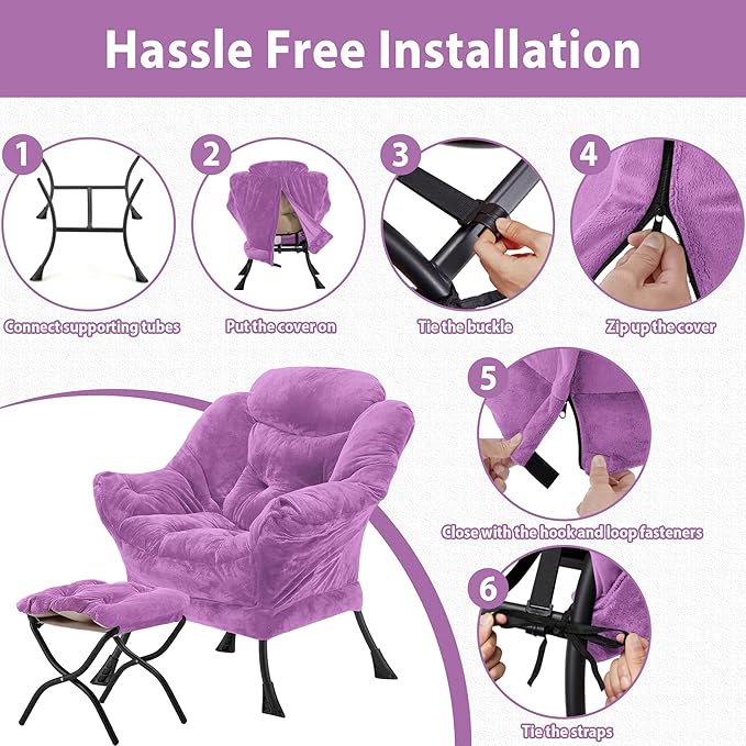 Lazy Chair with Folding Ottoman Accent Chair Plush Upholstered with Metal Structure and Non-Slip Pads Sofa Armchair with Footrest and Side Storage Bag for Dorm Room Office Purple
