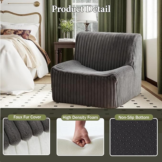 Trenda 32'' Comfy Bedroom Chair for Adult Boneless Space-Saving Accent Chairs with with Spacious Seating Soft Faux Fur Ideal Floor Couch for Living RoomCollege Dorm to Reading(Grey)