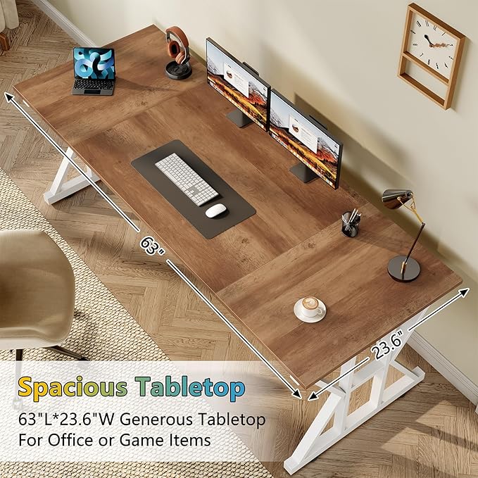TVU Computer Desk 63 inch Large Office Desk Study Writing Table with Thicken Frame Gaming Desk Modern Simple Desk for Home Office Brown