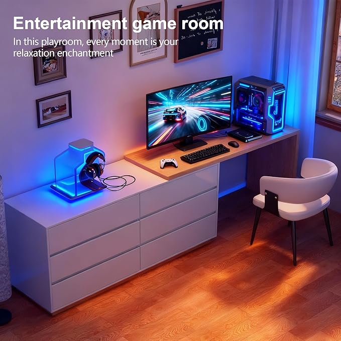 L-Shaped Desk with 6 Drawers Extendable from 56 to 98.5 Corner Desk Writing Desk Study Desk Vanity Desk Ideal for Gaming Home Office or Makeup White