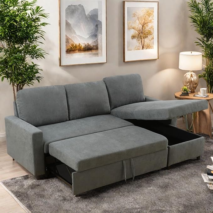 FONTOI Sofa Bed Pull Out Couch Convertible Sectional Sleeper Sofa with Storage Chaise Modern Lounge L Shaped Couch Bed for Living Room Bedroom Small Spaces Grey