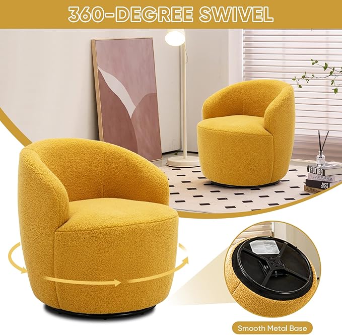 Set of 2 Swivel Chair Swivel Barrel Accent Sofa Chair Modern Teddy Fabric Club 360 Degree Swivel Chair Small Leisure Arm Chair for Nursery Living Room Hotel Bedroom Office Lounge Yellow