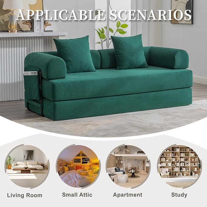 Convertible Sleeper Sofa Bed 78.5 Folding Floor Sofa Mattress Couch with Pillows Corduroy Futon Boneless Couch Lounge Loveseat with Pull Out Bed Emerald Green