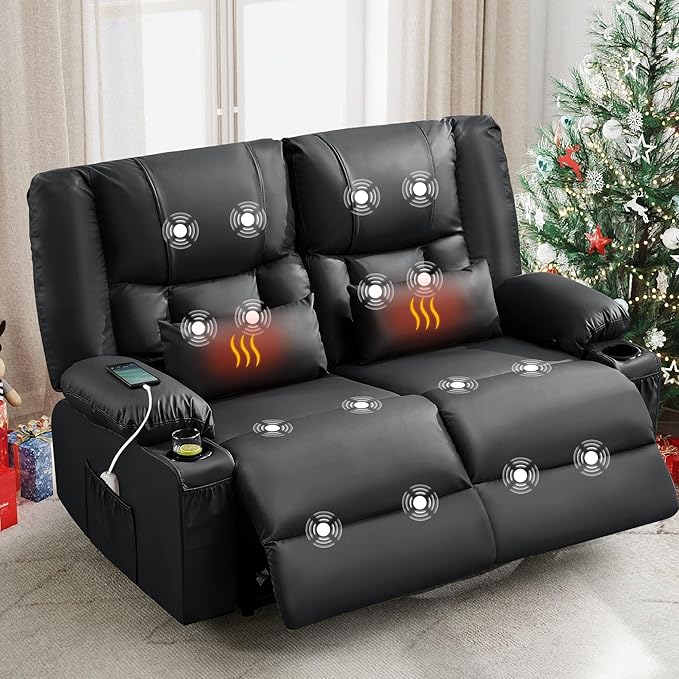 Black Leather Reclining Loveseat with Massage/Heat/Pillow/USB/Cup Holders Oversized Loveseat Recliner for Living Room Manual Reclining Sofa for Adults 700 Lbs Capacity (Black)