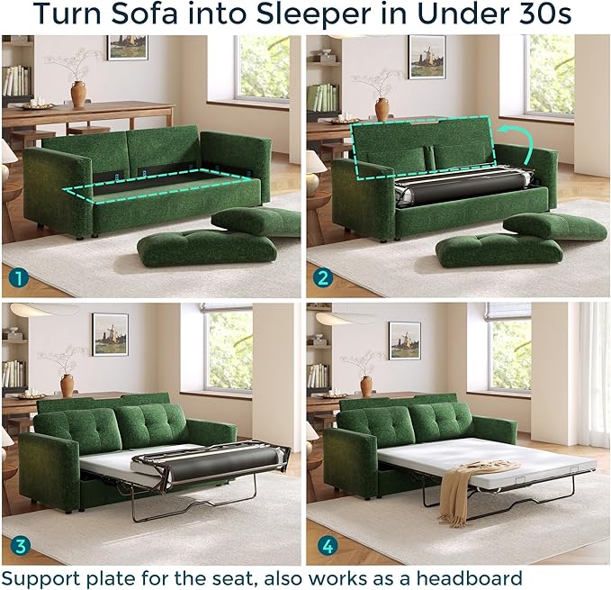 152 Oversized Sectional Sleeper Sofa with Pull Out Bed and Storage Chaise Convertible Sofa Bed with Memory Foam Topper Comfy U Shaped Modular Couches for Living Room Apartment Dorm Room Green