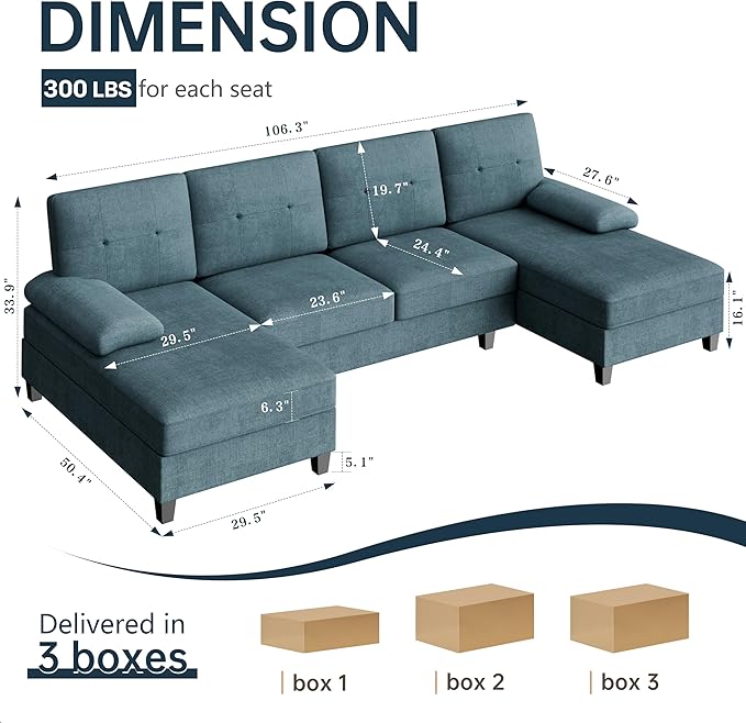 Meilocar Sectional Couches for Living Room 106 in U Shaped Couch Soft Sectional Sofa with Double Chaise Comfortable 4 Seat Sofa Couch (Blue) | Breathable Fabric Double Chaise