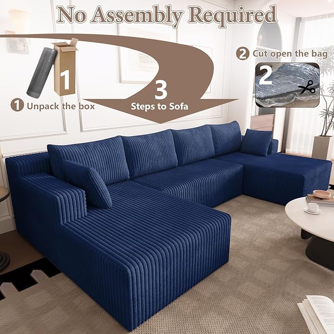 123 Cloud Modular Sectional Couch U-Shaped with Two Chaise Corduroy Boneless Couch for Living Room Bedroom Deep-Seat Upholstered Modular Cloud Sofa No Assembly Required Navy Blue