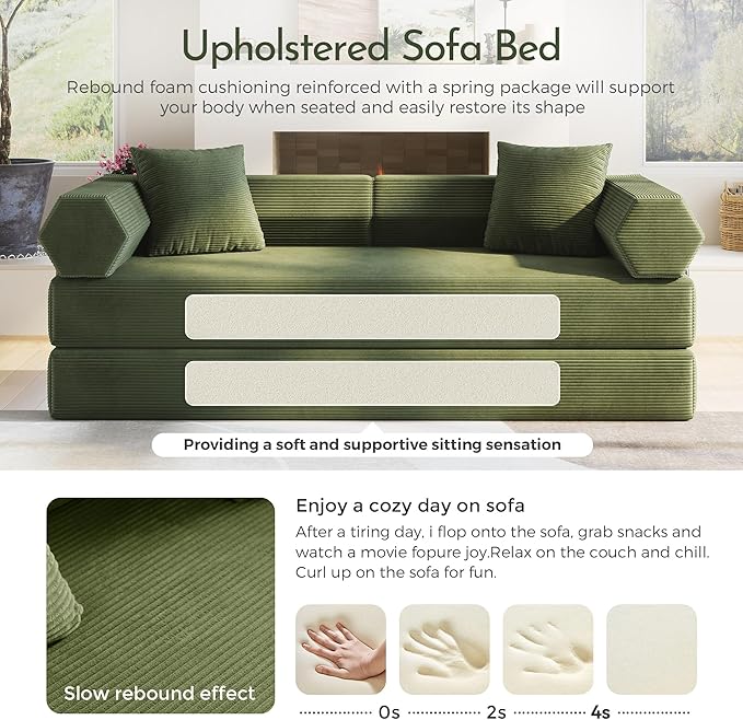 79'' Convertible Sofa Bed 5-in-1 Folding Sleeper Couch with Pull Out Bed Corduroy Modular Floor Sofa No Assembly Space Saving Guest Bed for Living Room Apartment Bedroom (Dark Green1) | Convertible
